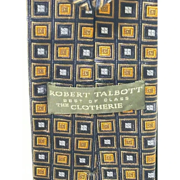 Robert Talbots Navy Blue Orange Geometric Square Pattern Silk Mens Tie